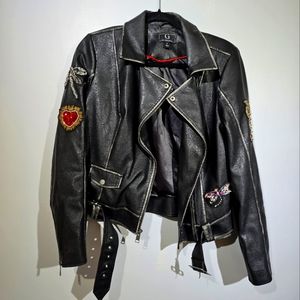 Faux leather moto jacket with patches G by Guliana